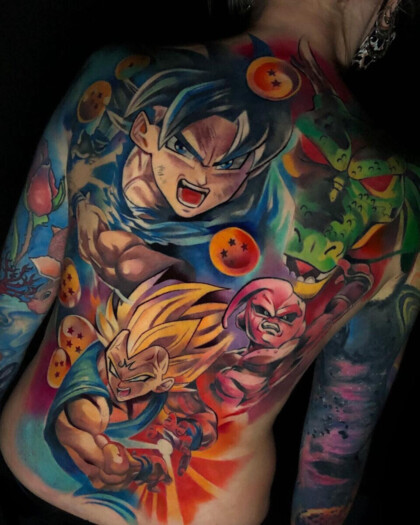 Цветная татуировка на всю спину по мотивам аниме Dragon Ball Z