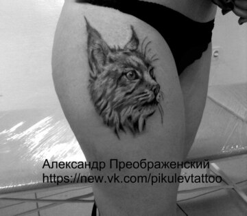 Татуировка на бедре у девушки - рысь