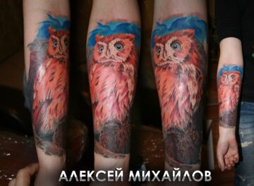Татуировка на предплечье у девушки - сова – 9