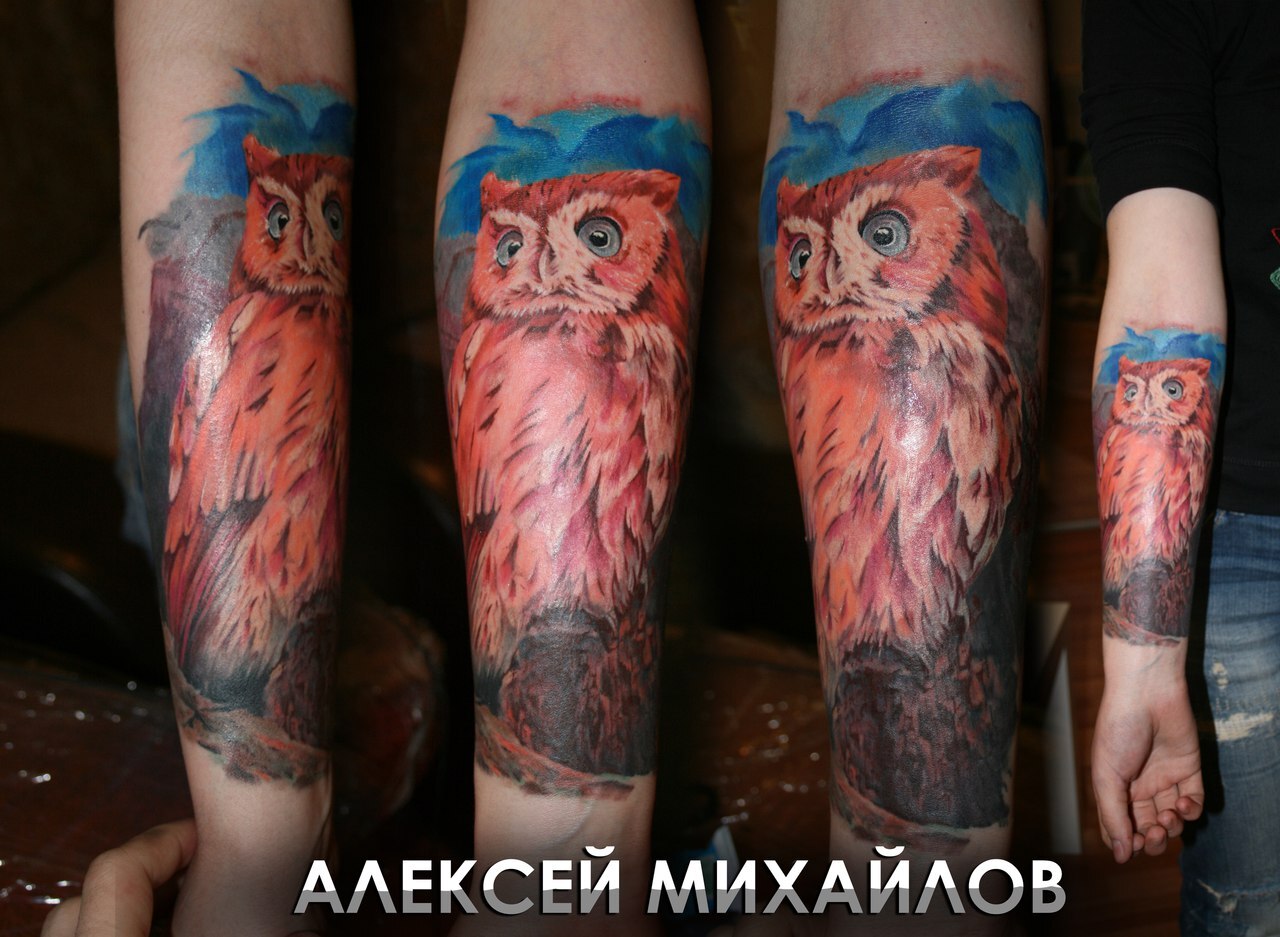 Татуировка на предплечье у девушки - сова – 9